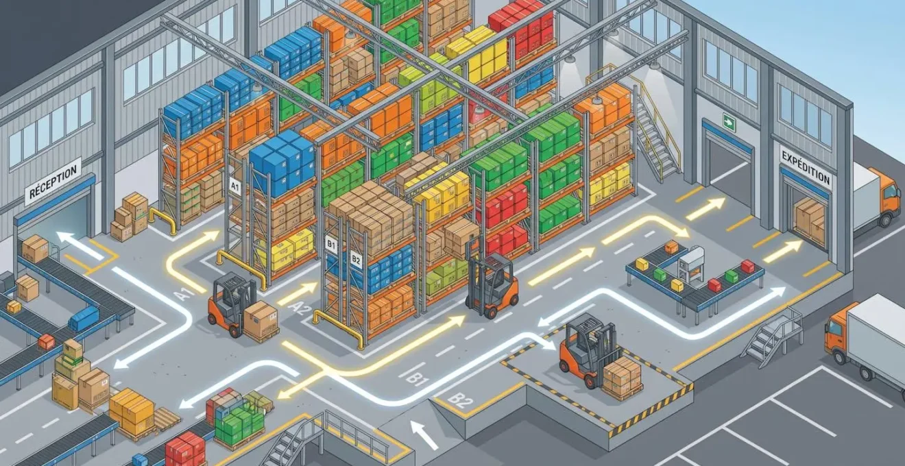 Entrepôt de commerce de gros avec palettes de marchandises et chariots de manutention