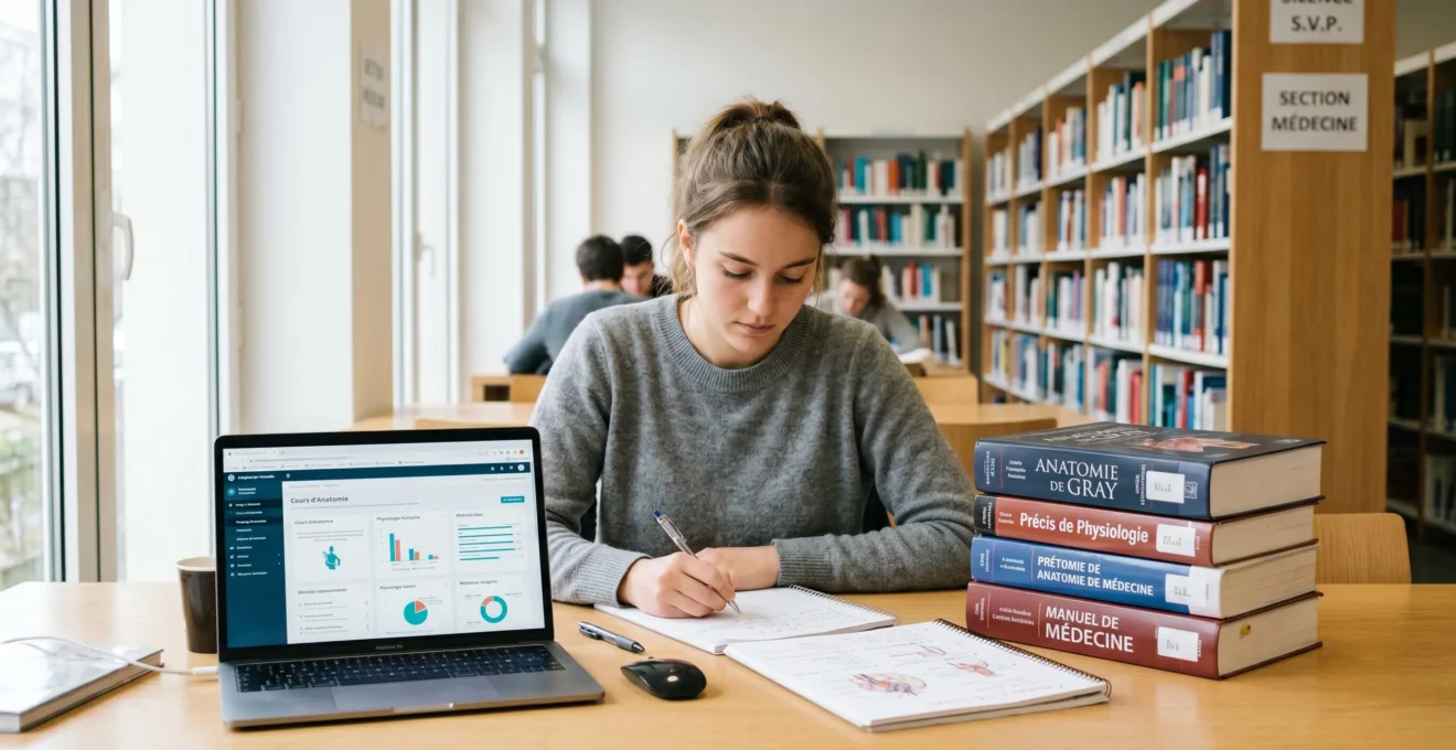 Étudiant en médecine travaillant seul dans une bibliothèque universitaire avec manuels et ordinateur, illustrant une approche autonome et méthodique