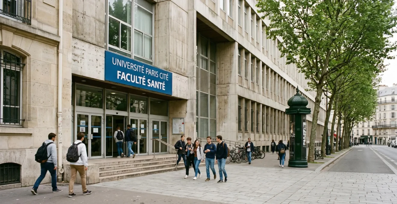 Façade de l'Université Paris Cité avec étudiants se dirigeant vers l'entrée, architecture parisienne typique d'un campus médical