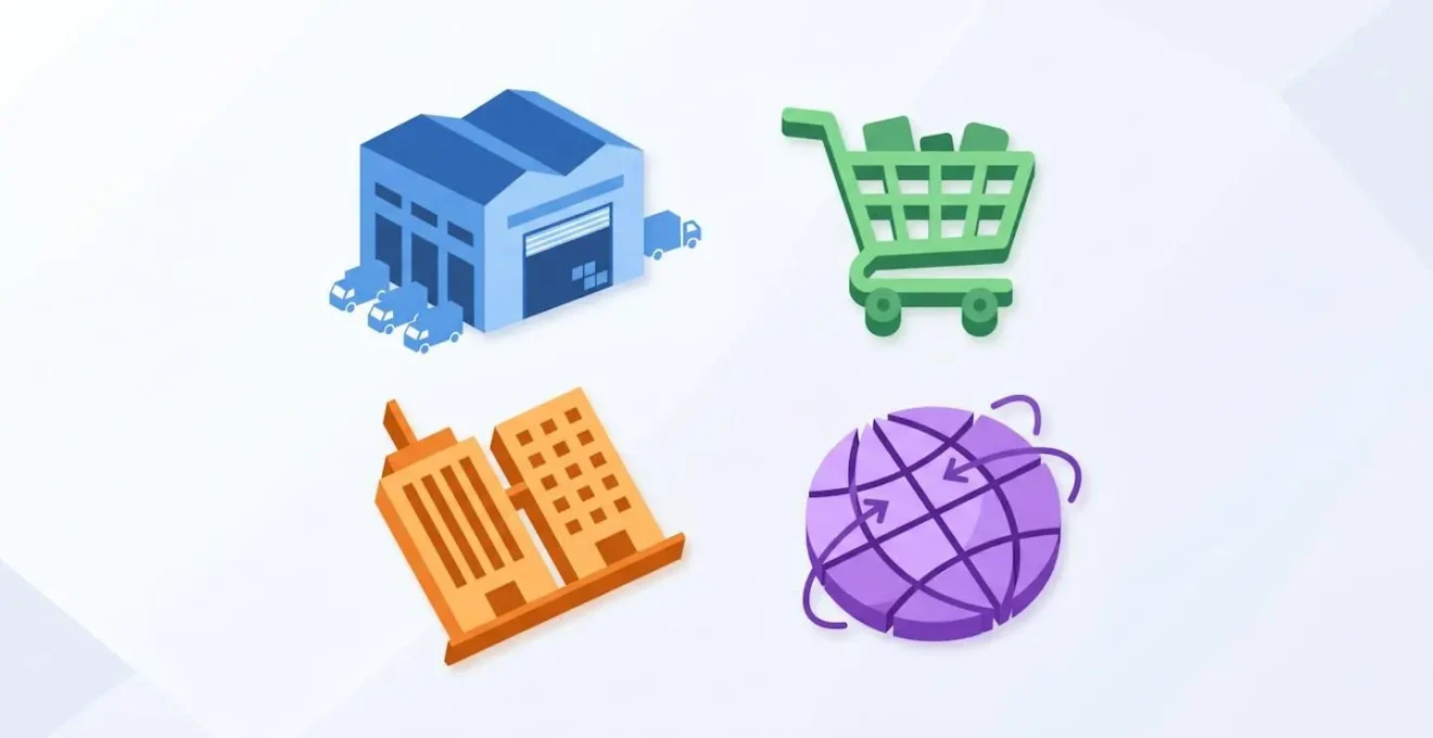 Illustration des 4 branches du commerce : gros, détail, B2B et international