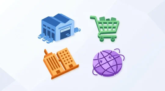 Illustration des 4 branches du commerce : gros, détail, B2B et international