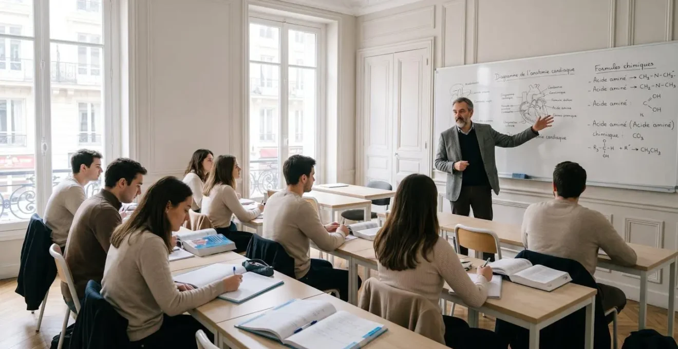 Salle de classe d'une prépa médecine à Paris avec étudiants attentifs et professeur expliquant des concepts au tableau blanc dans une ambiance studieuse et lumineuse