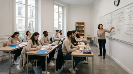 Salle de classe d'une prépa médecine à Paris avec étudiants attentifs et professeur expliquant des concepts au tableau blanc dans une ambiance studieuse et lumineuse