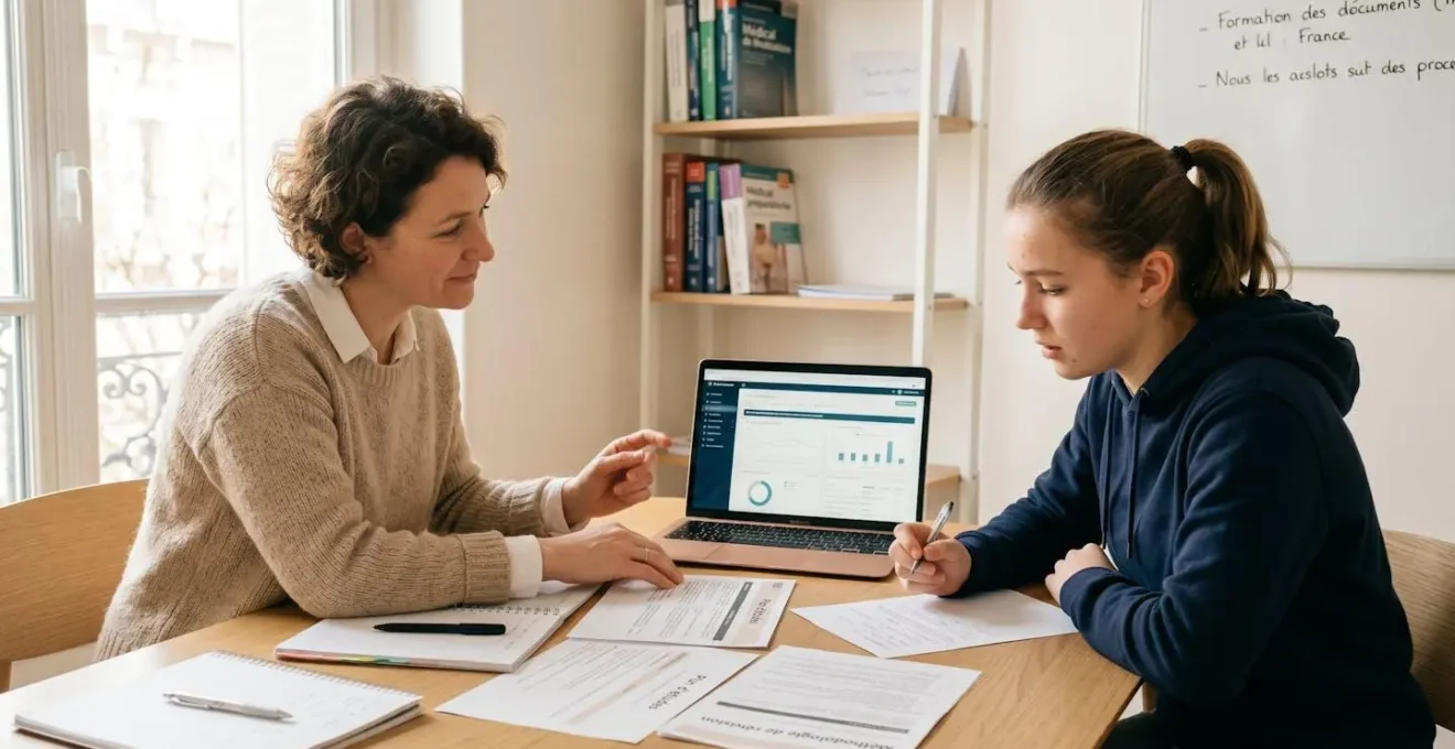 Séance de coaching individuel dans une prépa médecine, échange bienveillant entre coach et étudiant dans un bureau lumineux et chaleureux