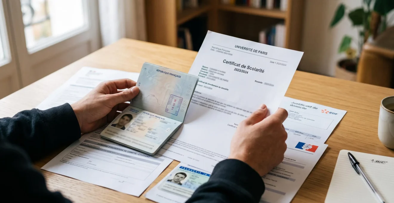 Documents administratifs nécessaires pour l'ouverture d'un compte bancaire étudiant en France, incluant passeport et attestations
