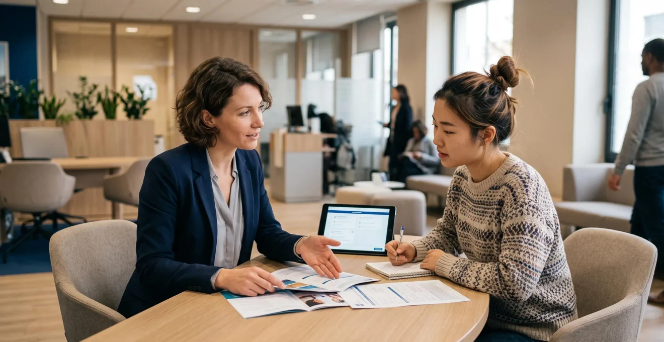 Un conseiller bancaire accompagne un étudiant étranger lors d'une consultation dans une agence bancaire en France
