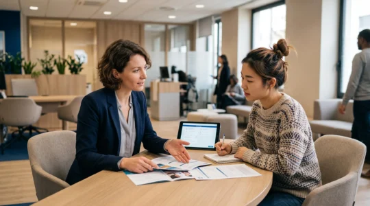 Un conseiller bancaire accompagne un étudiant étranger lors d'une consultation dans une agence bancaire en France